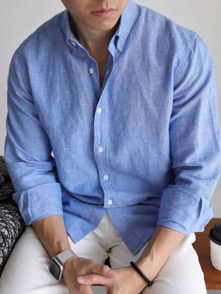 Men's Casual Bamboo Fiber Soft Breathable Commute Solid Color Button-Up Shirt - Màu xanh lam - Xem 1