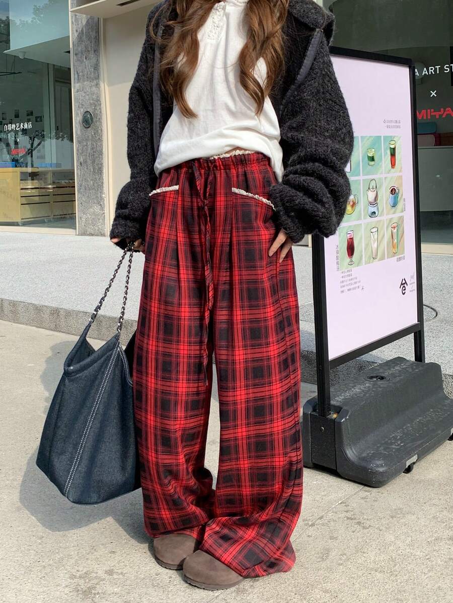女士春季休闲宽松版型灰蓝格子抽绳腰阔腿裤，百搭直筒裤 红色