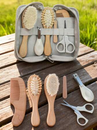 Conjunto de cuidado personal para bebé personalizado, set de cepillo de pelo de madera, regalo conmemorativo para bebé, el conjunto de cuidado de bebé incluye cortaúñas, tijeras para el cabello, lima de uñas
