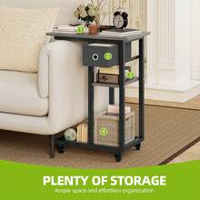 Yitahome C-Shaped End Table, Slim Sofa End Table With Fabric Drawer, Open Compartments And Lockable Wheels, Movable Side Table, Grey Wood -By GeoTower - Grey - View 6
