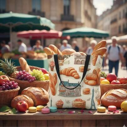 Bolsa de tela con impresión de cruasán vintage a doble cara, bolsa de compras con tema de pan, bolsa de estilo bohemio académico, regalo de otoño y Acción de Gracias, bolsa de supermercado, adecuada para el hogar, ir y venir, vacaciones, escuela, regalos, 16in*14in