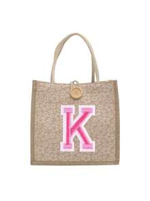 1个刺绣字母图案手提袋，粉色毛巾刺绣花卉印花亚麻手提袋，小巧花卉亚麻纽扣装饰手提袋，简约大容量手提袋，便携休闲收纳手提袋，多功能购物袋，新款设计，大容量 - 彩色 - 查看 23