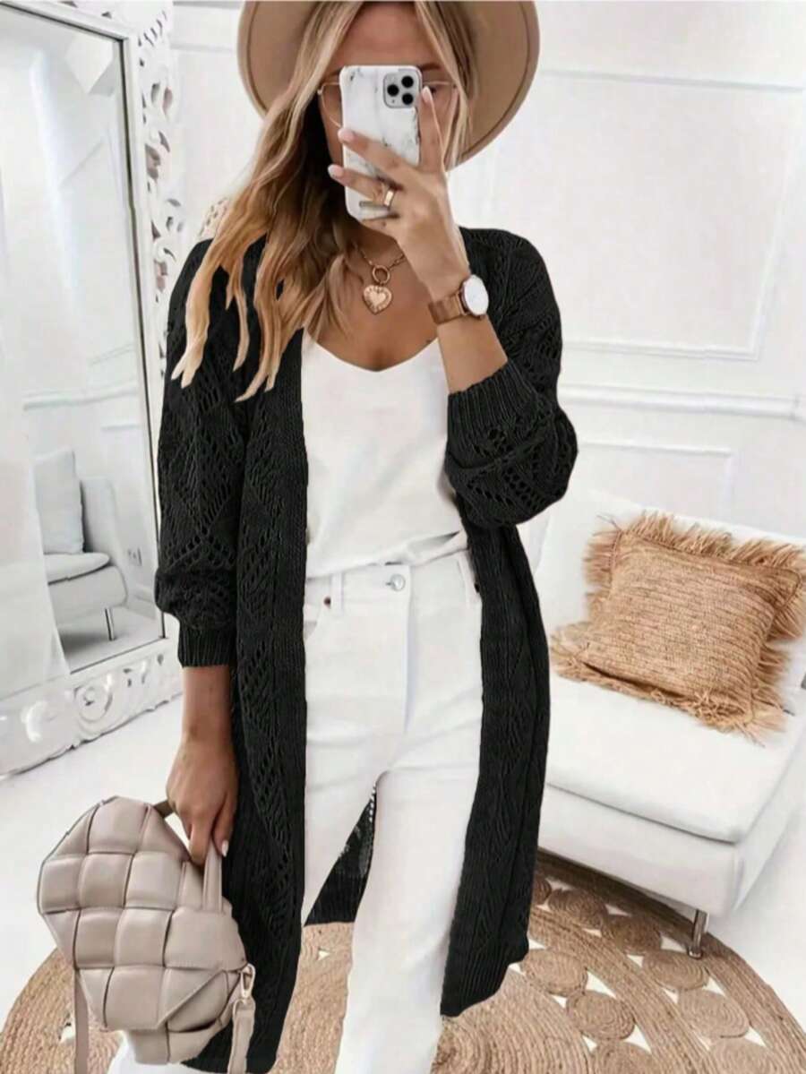 Women's Casual Long Sleeve Solid Color Hollow Out Knit Cardigan - Button Front Black Spring - Black - View 1