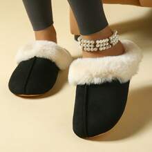 女士纯色保暖厚毛绒拖鞋，男女情侣室内拖鞋，适合秋冬季 - 黑色 - 查看 3
