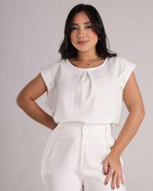 Women's Tailored Blouse With Buttons And Round Neck - White - View 3