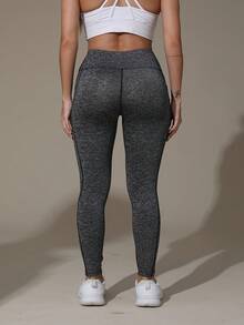 Women's Solid Color Yoga Pants With Pockets, High Elasticity Lift Hip Sports Leggings, Activewear - Silver - View 4