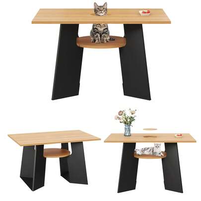 Haustierfreundlicher Esszimmer-Küchentisch Mit Haustierbereich & Ablagebrettchen, Rechteckig Für 6 Personen (130*85*75 Cm), Naturholz-Schwarz Mix