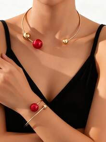 1 Set Red Faux Pearl Necklace And Bracelet Set, Elegant Choker Necklace, Suitable For Banquets, Parties, Weddings And Music Festivals