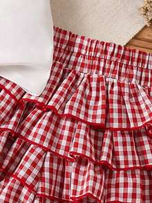 女童樱桃印花上衣和格子裙裤套装，夏季 - 白色 - 查看 7