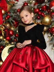 Tween Girl Burgundy Bow V-Neck Handmade Rhinestone Christmas Party Elegant Dress, Princess Dress Suitable For Girls Birthday Party, Wedding Flower Girl, Prom, Thanksgiving, Graduation Ceremony - Burgundy - View 3