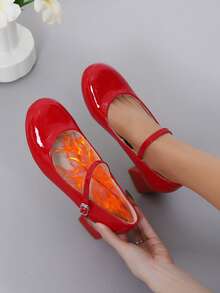 Autumn/Winter Plush Lined New Evening Dress Pumps, Glossy Patent Leather Women's Thick Heel Round Toe Red High Heels. Instep Strap Buckle Mary Jane Women's Shoes, Comfortable Indoor Outdoor Party Flats, Soft Fleece Lining Bohemian Style Red High Heel Women's Shoes - Đỏ - Xem 6