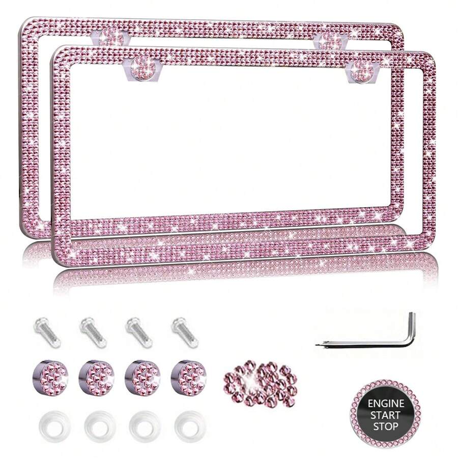 1PCS/2PCS Diamond Glitter Stainless Steel License Plate Frame, Ladies Car Decor, Comes With Easy Installation Kit And Start Button Sticker, For Car And SUV, American License Plate Standard, Fashion Accessory, Stylish Car Decor, Birthday, Holiday Gift - 粉紅色2pcs - 查看 1