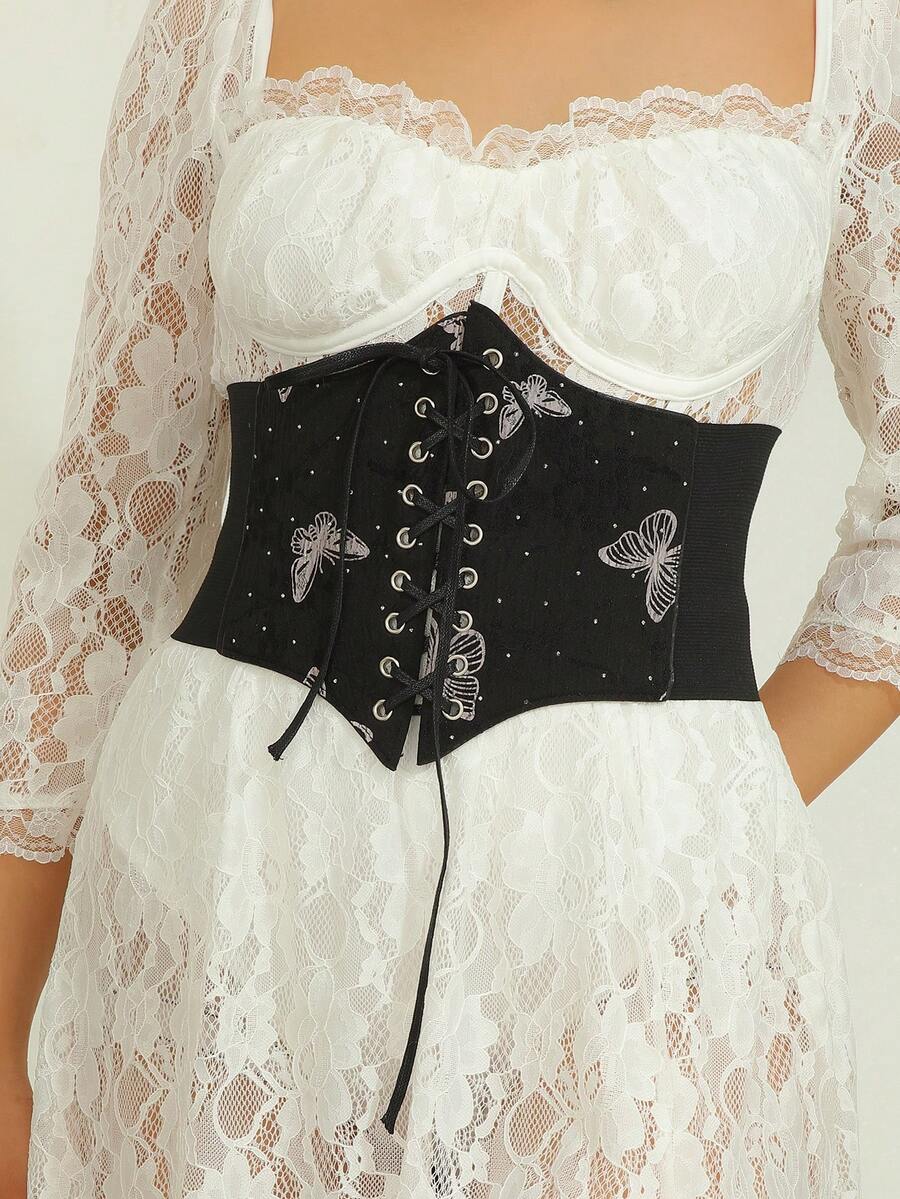 1 pièce Élégante ceinture élastique à cordon de serrage avec imprimé papillon noir