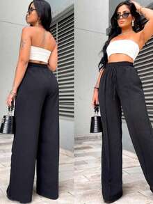 Women's Wide Leg Pants Duna Brand With Elastic Waistband And Pockets - Black - View 2