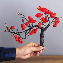 1盆仿真中国梅花盆栽，仿真盆景花卉，逼真室内/室外仿真植物，包含1束仿真梅花、陶瓷石花瓶、中式屏风底座，适用于餐桌、办公桌、花园 - 彩色 - 查看 9