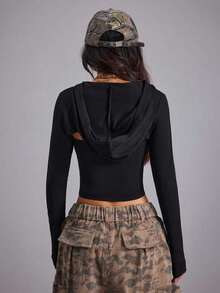 Ella Vee 女士春季上衣，黑色两件套针织抹胸上衣+连帽披肩长袖，不规则星形亮片装饰，Y2K 酷炫风格，适合街头、校园、度假、音乐会、约会、派对等场合。 - 黑色 - 查看 2