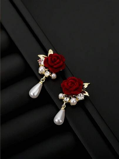 1 Pair Vintage Red Velvet Floral Faux Pearl Elegant Stud Earrings, Suitable For Formal Occasions Halloween Valentine's Day Valentines