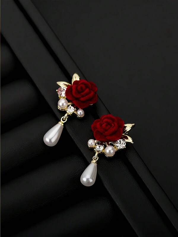 1 Pair Vintage White Flower & Pearl Elegant Drop Earrings, Suitable For Banquet And Wedding