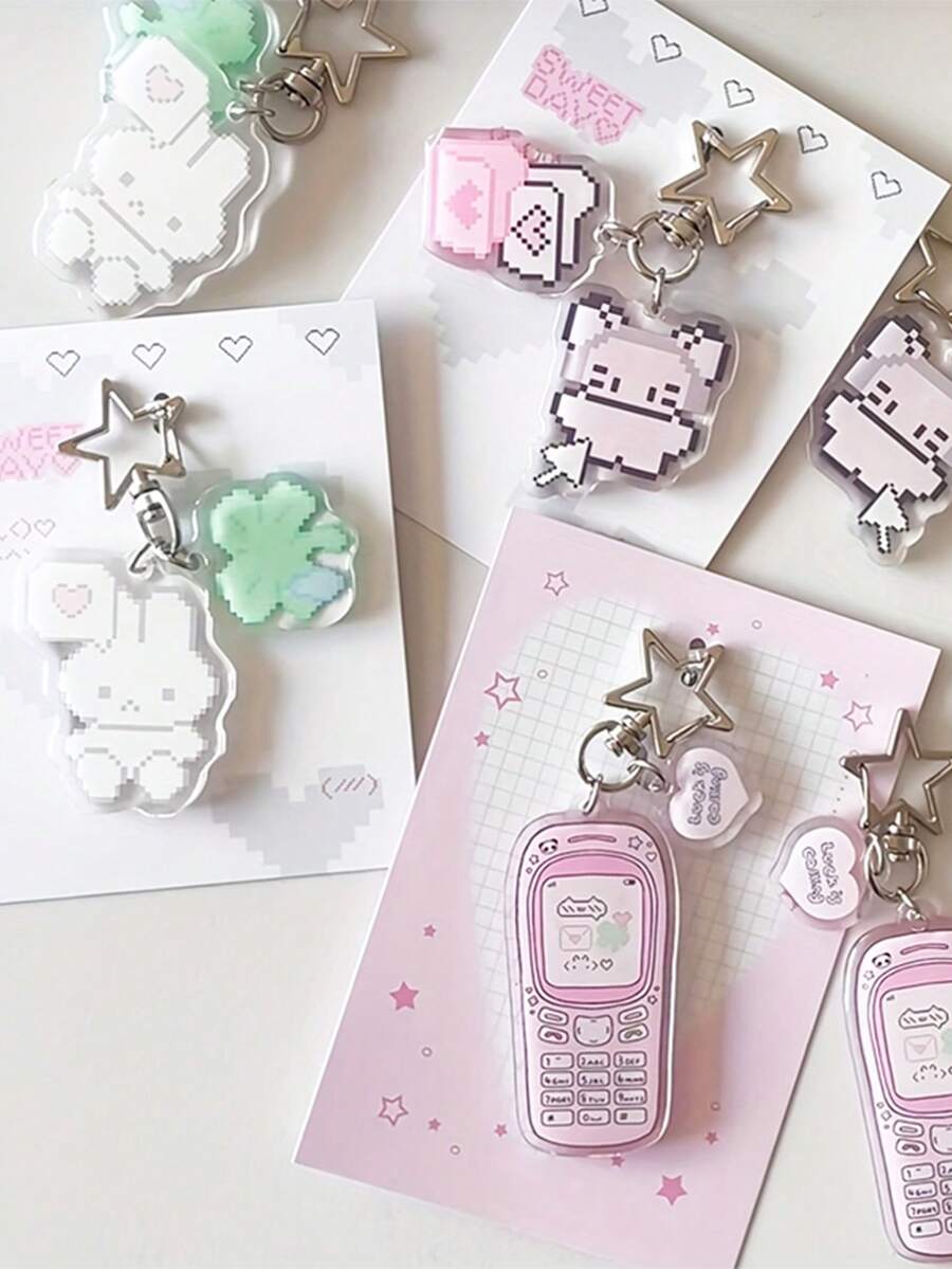 1pc Cute Cartoon Pixel Rabbit, Mouse, Clover Acrylic Star Keychain, Suitable As Bag/Car Key Chain, Gift For Friends, Anniversary, Wedding, Holiday, Party, Daily Accessory And Bag Decoration