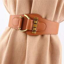 Vintage Style Faux Leather Belt, Rivet Buckle Design, Elastic Wide Waistband, Suitable For Dresses, Jackets And Suits, Lightweight And Comfortable, Non-Textile Material, Suitable For Mature Occasions, One Size Fits All - Wide C Buckle - View 13