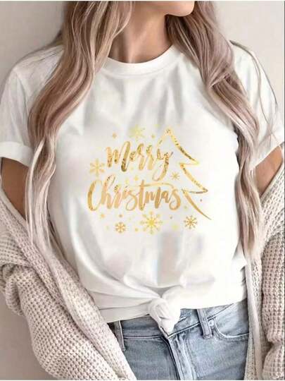 Mujer casual camiseta navideña creativa estampado dorado árbol letras ajuste holgado cuello redondo manga corta primavera verano diario T-shirtofertas playera de hombretops sudaderas para mujer