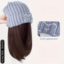 Winter Hat With Built-In Hair, Warm Synthetic Fiber Beanie Wig Combo, Slouchy Topper For Women, Cold Weather Cap For Halloween Christmas - 灰色帽子深棕色頭髮 - 查看 3