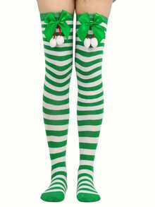 1双女士蝴蝶结、绒球和条纹过膝圣诞袜 - 綠色 - 查看 3