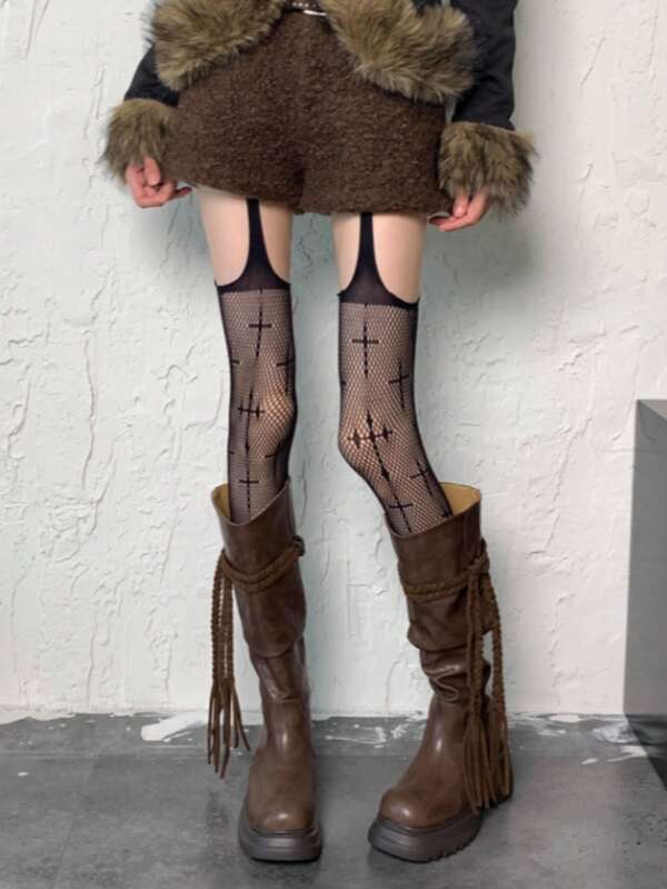 1 قطعة جوارب نسائية شبكية مثيرة بتصميم صليبي