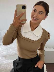 Livesso 法式彼得潘领叠穿上衣，二合一泡泡袖毛衣，女士秋冬款 - 駝色 - 查看 5