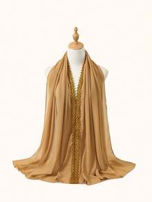 1pc Solid Color Faux Pearl & Gold Floral Chiffon Scarf, Casual Elegant Breathable Hijab, Suitable For Outdoor, Beach, Daily Wear For Dress,Holiday - Golden Double-sided Flower Chiffon Scarf - View 26