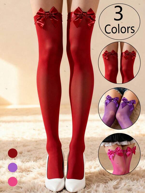 1 Pair Of Winter Women's Bow Thigh-High Stockings With Transparent Lace And Cute Long Stockings For The Calves, Casual And Versatile For Daily Use