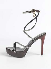 12cm Crystal Snake Wrap Sandals For Women, New 2025 Summer Thin Heel Waterproof Platform Open Toe Strap Sexy High Heels - Coffee Brown - View 6