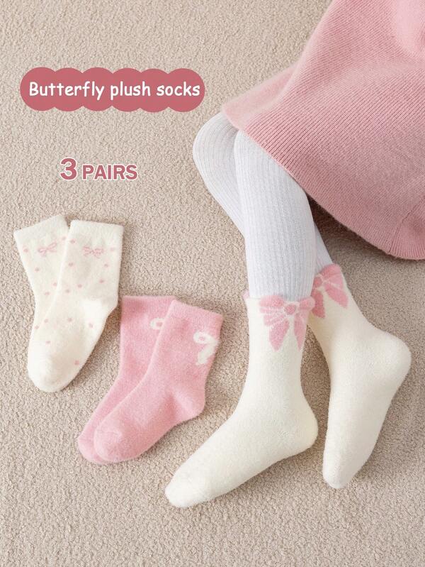 3 Pairs Girls' Cute Cartoon Bow Print Warm Socks (1-12 Years Old) - Suitable For Little Princess Girls In Autumn/Winter, Thick, Warm, Comfortable And Soft, Simple And Versatile, Suitable For Daily Wear & Outings