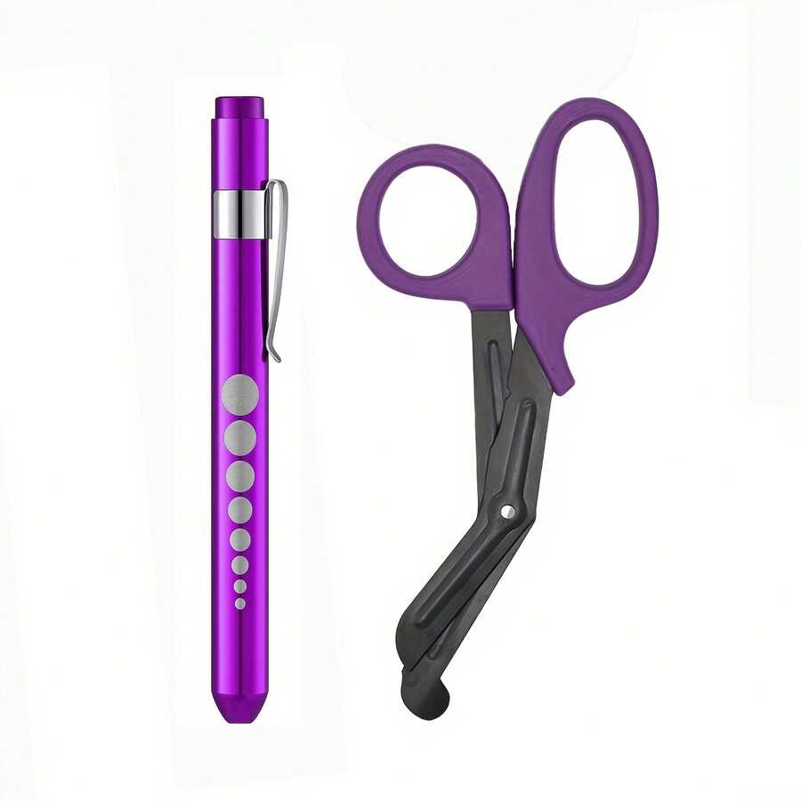 1 Set de Útiles Escolares Tijeras y Bolígrafo con Luz, Incluye 1 Bolígrafo con Luz, 1 Tijera Multiusos de 6 Pulgadas (Púrpura/Azul/Rosa), Baterías No Incluidas