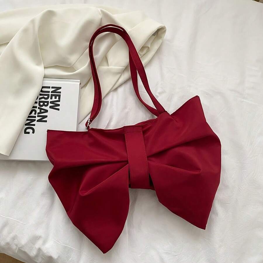 蝴蝶结女士单肩包，时尚小巧的腋下钱包，可爱休闲的轻便布艺手提包，配有可调节肩带 - 彩色 - 查看 1