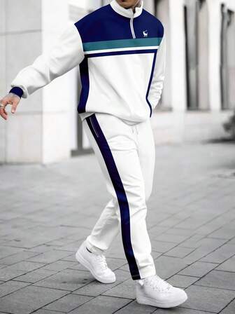 Men's Striped Print Zip-Up Hoodie And Pants Set, Fall Clothes