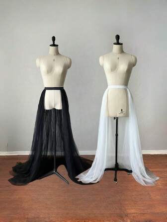 1pc Women's Black Detachable Skirt Hem, White Sheer Skirt Hem, Gothic Style Front Open Tail Trailing, Double Or 4-Layer Tulle Trailing, Front Slightly Open Half Apron, 150cm Long Decorative Skirt, French Detachable Skirt, Stage Performance Skirt, Half Covered One-Piece Tulle Skirt, Sheer Overlay Tulle Underskirt, Cute Mini Tulle Skirt, Lolita Petticoat, Suitable For Wedding, Party, Performance, Photoshoot, Cosplay, Halloween Costume