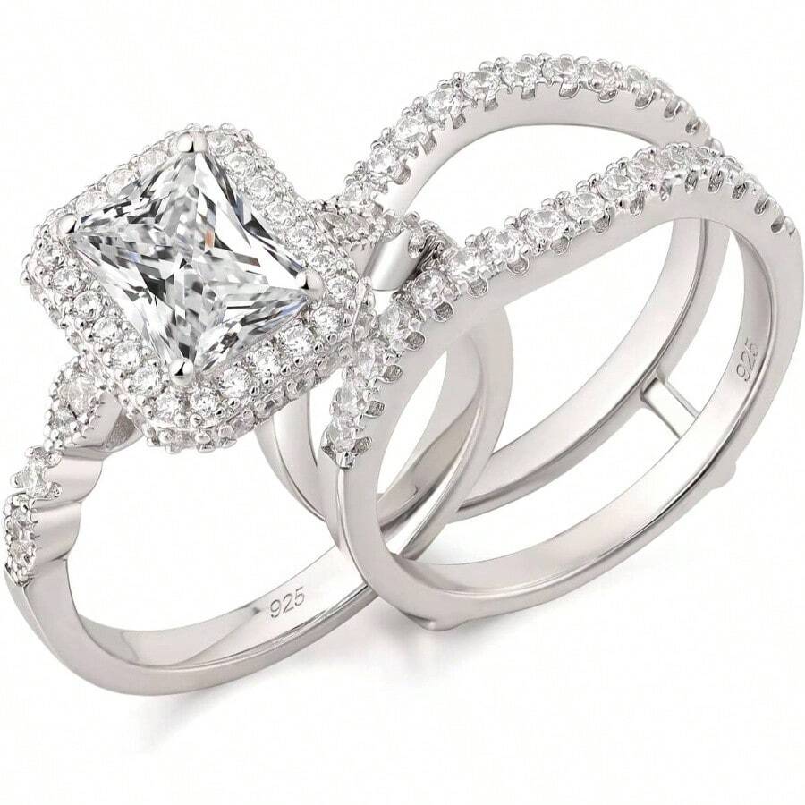 Wedding Band Bridal Ring Enhancer Engagement Ring Set Women 925 Sterling Silver Radiant Cubic Zirconia Size 5 - 10 - 銀 + 4 - 查看 1