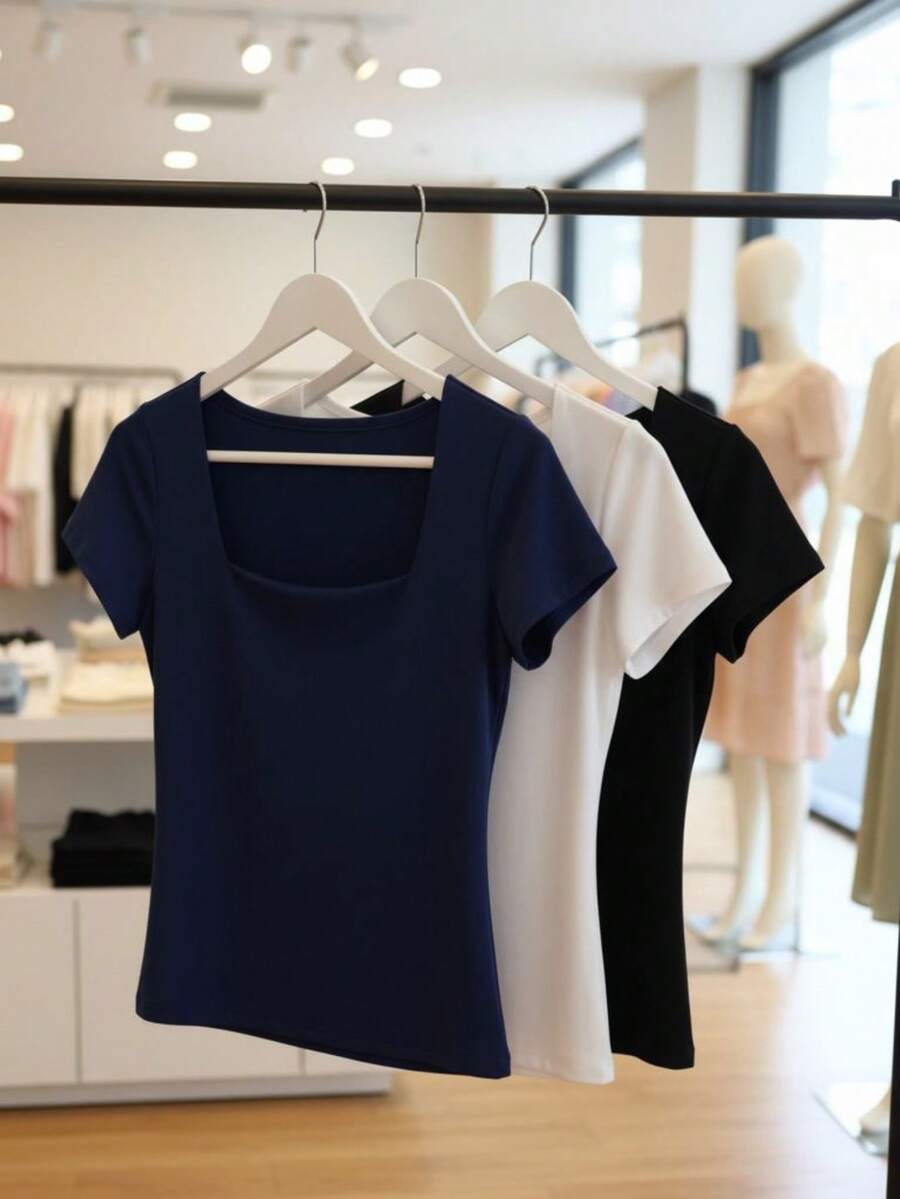 Set Of 3 Women's Baby Look Blouses With Square Neckline, Short Sleeves, Basic Shaping, Versatile, Casual Fashion, No Transparency, Fabric With Elastane, , Blogger Style, Affordable - NAVY BLUE-bLACK-wHITE - View 1