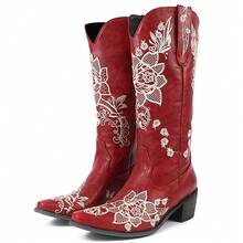 Women's Western Cowgirl Boots Red Faux Leather Pointed Toe Knee High Floral Embroidery Low Heel Rodeo Style For Concerts Festival Outfits 2025 - Đỏ - Xem 2