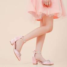 1 Pair Girls Sandals Closed Toe High Heels Pointed Toe Ankle Strap Pumps Flower Girl Dressy Shoes In Wedding Party Cute Bowknot Chunky Block Heeled For Little Big Kids - 緞子粉 - 查看 8