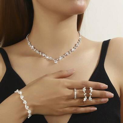 Set de 4 piezas de accesorios de joyería de boda con collar, aretes, pulsera y anillo con lentejuelas completas en estilo clásico y de moda, adecuado para fiestas, galas y eventos festivos como Halloween