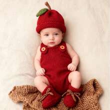 3pcs Handmade Knitted Newborn Baby Set, Seamless Stitching, Ideal Gift For Christmas, 100 Days Celebration, New Year, Apple Design - 紅色 - 查看 1