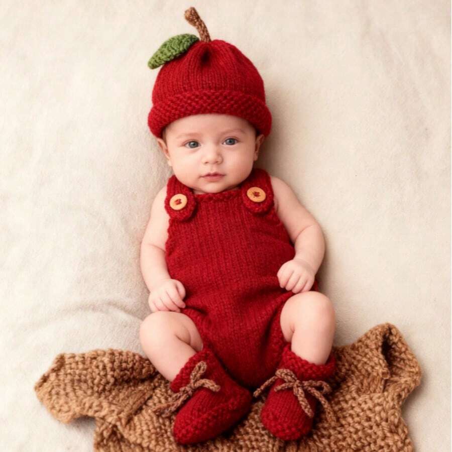 3pcs Handmade Knitted Newborn Baby Set, Seamless Stitching, Ideal Gift For Christmas, 100 Days Celebration, New Year, Apple Design - 紅色 - 查看 1