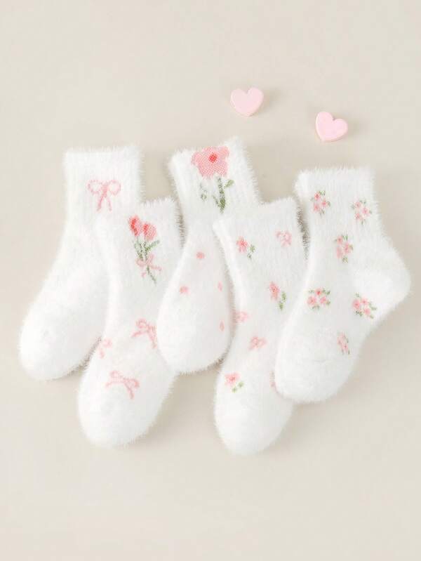 1/5 paires de chaussettes en velours de vison blanc pour filles, automne/hiver, ornées de tulipes douces et de décorations en nœud, style collégial , douces et confortables mi-mollet/crew, convenant aux tenues d'automne/hiver, à l'usage quotidien des étudiantes, aux sorties décontractées, aux voyages, aux vacances et aux cadeaux