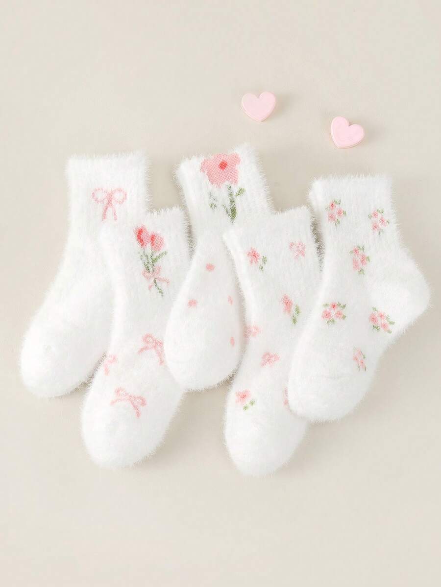 1/5 Paar Mädchen Herbst/Winter Neue Weiße Nerz Samt Socken, verziert mit süßer Tulpen Blumen & Schleife Deko, modischer College Stil, weich & bequem Knöchel/Crew Socken, geeignet für Herbst/Winter Outfits, Studentenalltag, Lässig, Reisen, Feiertage & Geschenke