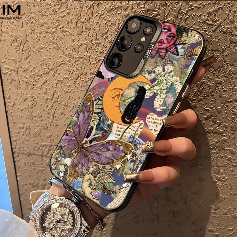 Diseño de patrón de mariposa, gato y luna, adecuado para Samsung Galaxy S20, S21, S22, S23, S24, S25, A24, A05, A05S, A02, A03, A04, A13, A31, A53, A34, A10, A33, funda especial para teléfono, anti-manchas, a la moda, moderno - Colores mixtos - Ver 1