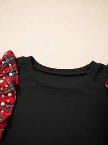 Acelitt Women's Christmas Racecar Red Grid Pearl Ruffle Hem Loose Short Sleeve T-Shirt, Winter - Black - View 6