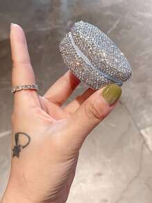 1pc 10g Refillable Luxury Rhinestone Compact Powder Puff Blush Powder Compact Case With Puff, Ideal For Powder Makeup, Travel Friendly Gift