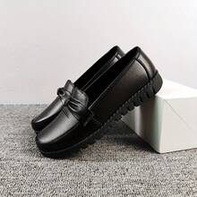 Mocasines casuales de moda para mujer, de estilo diario, sencillos, de caña baja, de color liso, con punta redonda, suaves y cómodos. - Negro - Ver 2